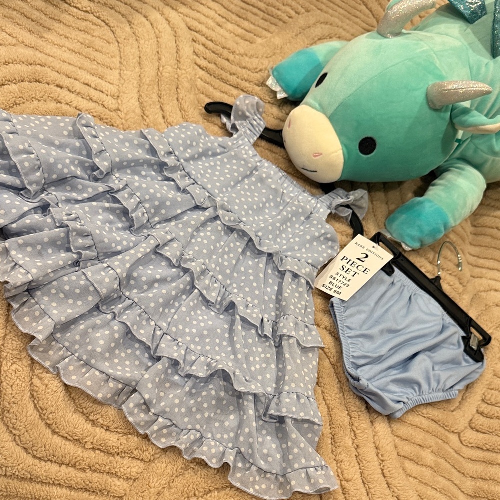 Rare Editions Blue Polka Dot Dress Set